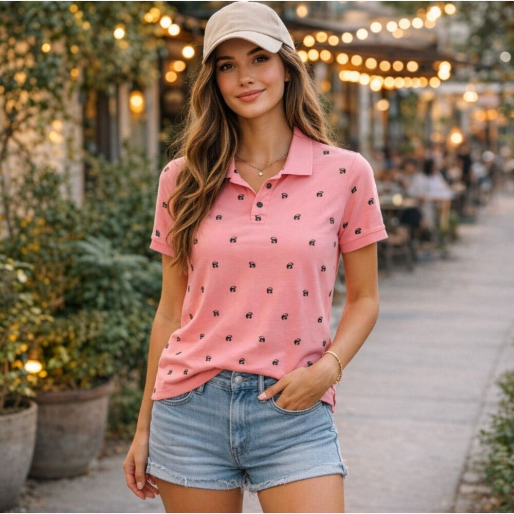 Juicy Couture Polo Shirt Pink All Over Embroidered Womens Size XL